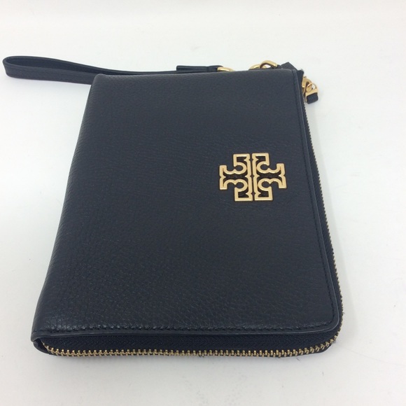 Authentic Tory Burch Britten Large Zip Pouch Wallet Wristlet Black Leather - Picture 6 of 14